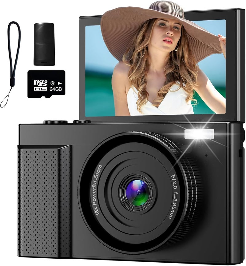 TZZPL 4K Digital Camera for Photography, 64MP Vlogging Video Camera for YouTube with 3'' 180°Flip Screen, 64GB Micro SD Card, 16x Digital Zoom Point Shoot Compact Travel Vintage Cameras (Black) - Image 1